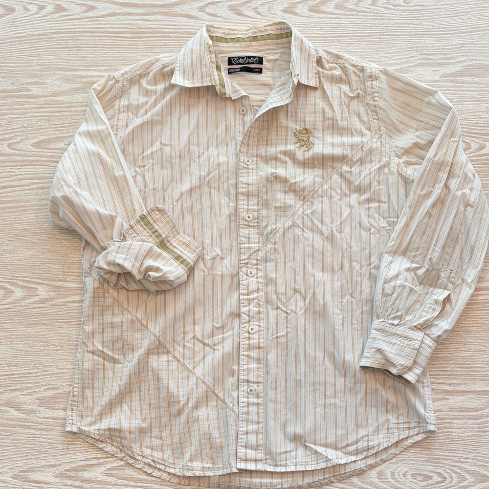 Ecko Unltd. Men's Long-Sleeve Striped Button-Up Shirt in Light Beige